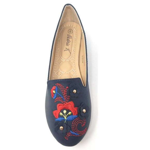 Women Embroidered Ballet Flats, B-2714-A, Navy - Picture 4 of 5